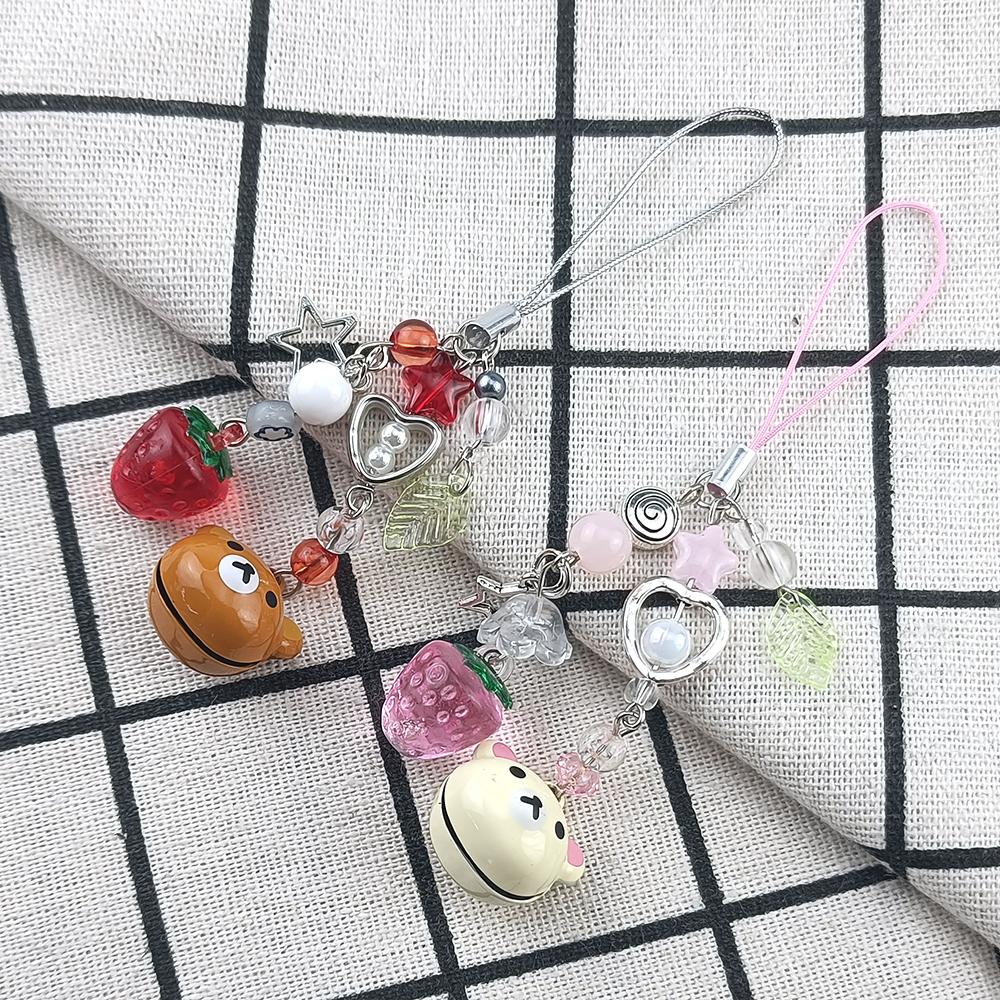 Cute Bell Bear Pendant Matching Phone Keychains Handmade Rilakkuma Strawberry Beaded Accessories Couple Gifts 6