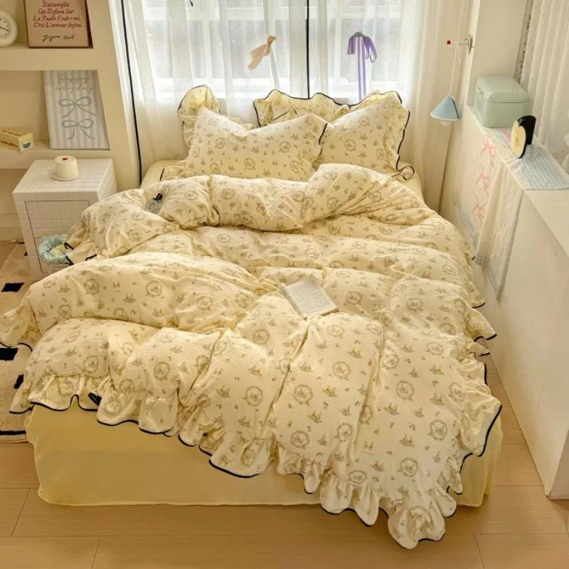 2025 New Cream Lace Girl Powder Grid Korean Version Bed 4-piece Set Washed Cotton Double-layer Yarn Quilt Cover Dormitory