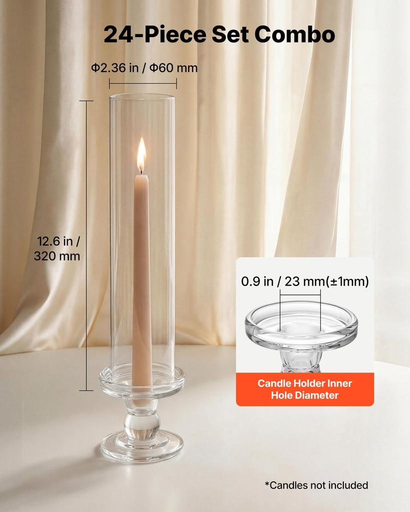 Hurricane Candle Holders Set of 24, 320 mm Tall Clear Glass Taper Candle Holders, High Borosilicate Glass, 2.36 in Cylinder for Wedding, Table