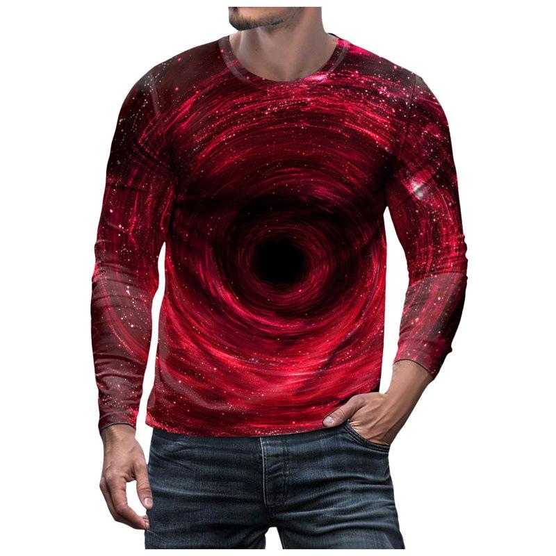 3D Brilliant Starry Sky Printed Top Casual Long Sleeved Men's T-shirts - Soft Medium Stretch Polyester Fabric Spring and Autumn Relaxed Fit Clothing