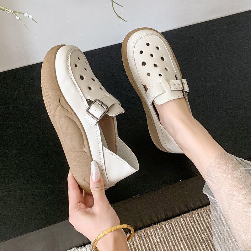 2025 Summer New Hollow Single Shoes Women's Summer Comfortable Two Wear Muffin Thick-soled Hole Shoes Soft Leather Bag Head Single Shoes