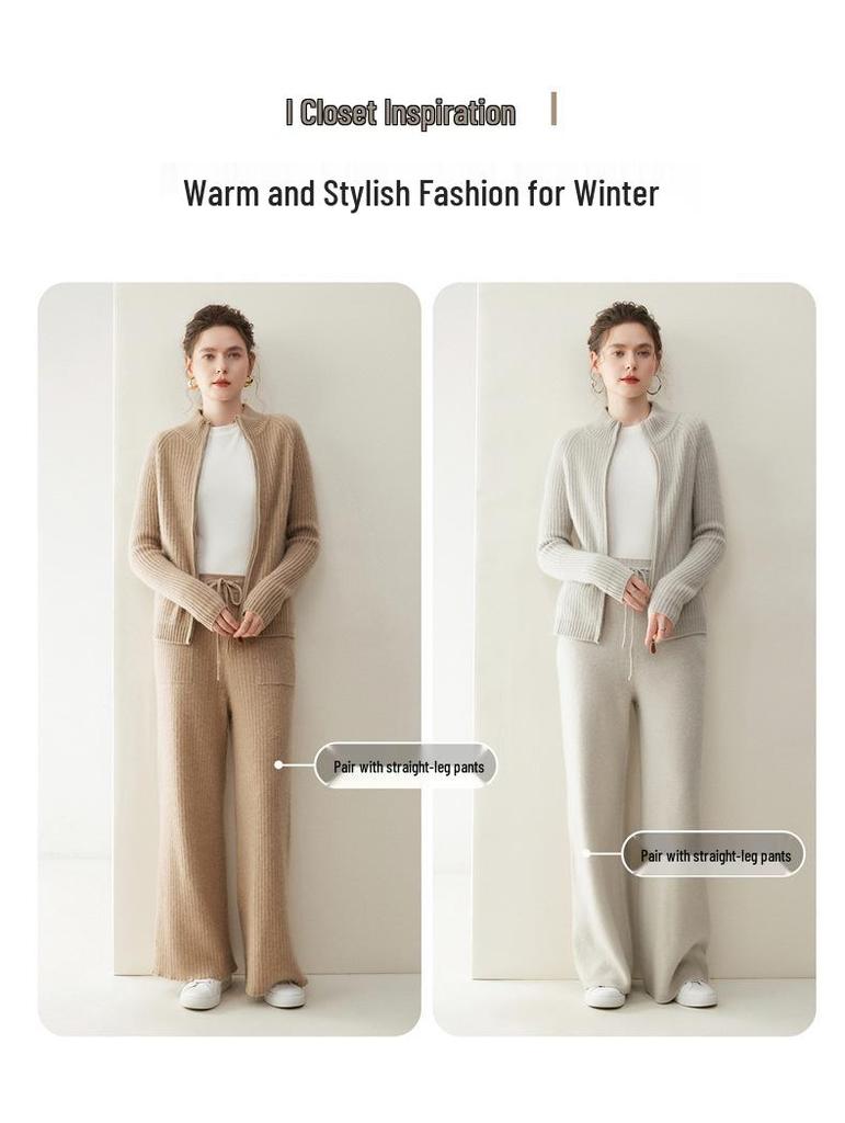 Women's Winter 2026 Double Zipper Slimming Cashmere Cardigan - Half-High Collar Ribbed Gentle Style Outerwear