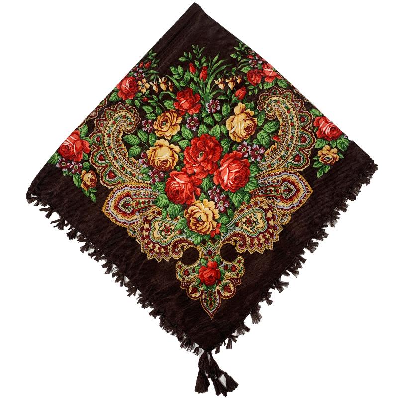 90*90cm Short Tassel Floral Print Russian Square Scarf Women Luxury Flower Printed Bandana Shawl Ukrainian Babushka Head Wraps