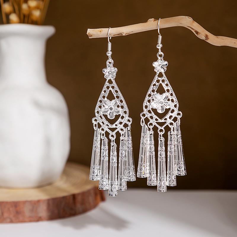 Ethnic Miao Silver Style Long Tassel Earrings with Ancient Scenic Stud Design for Women