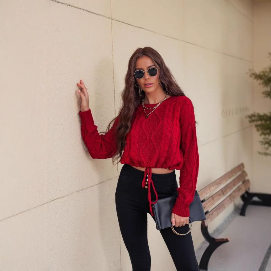 

Women s Cable Knit Sweater Short Loose Pullover with Drawstring Hem in Black Red Navy Blue XS красный