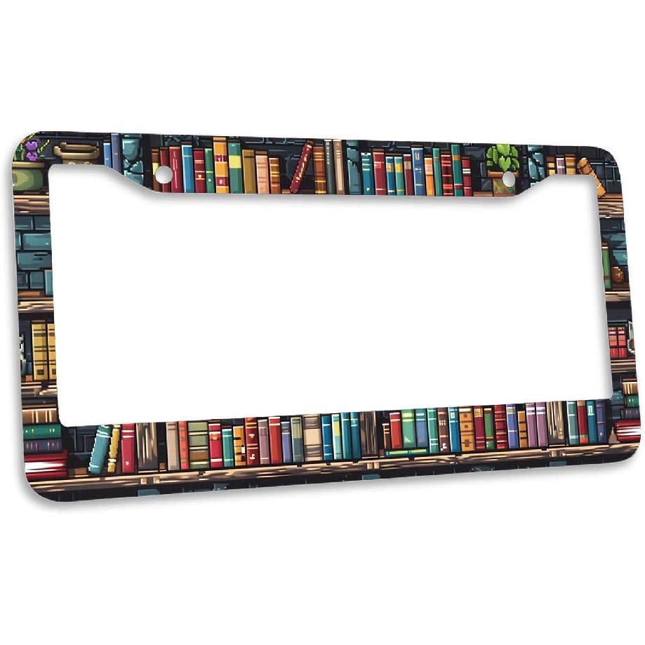 Pixelated Bookshelf License Plate Frame Bookshelves License Plate Personalise Stainless Steel Rust-Proof Auto Parts Funny License Plate Frames