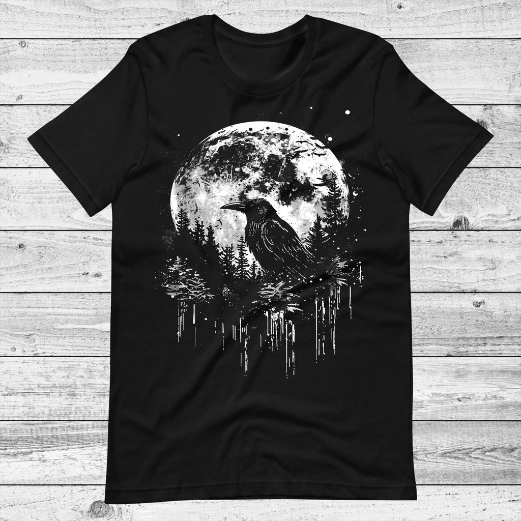 Celestial Crow Tshirt Gothic Moon Forest Raven Witchy Alt Clothing Graphic T Shirts Retro Streetwear Highquality Unisex Tee