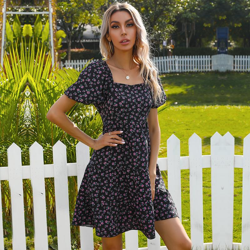 Sommer Herbst Blumendruck Kurzes Kleid A-Linie Damen Lässig Quadratischer Kragen Kurzarm Hohe Taille Schlank Essbarer Baumpilz Raffung S-XL