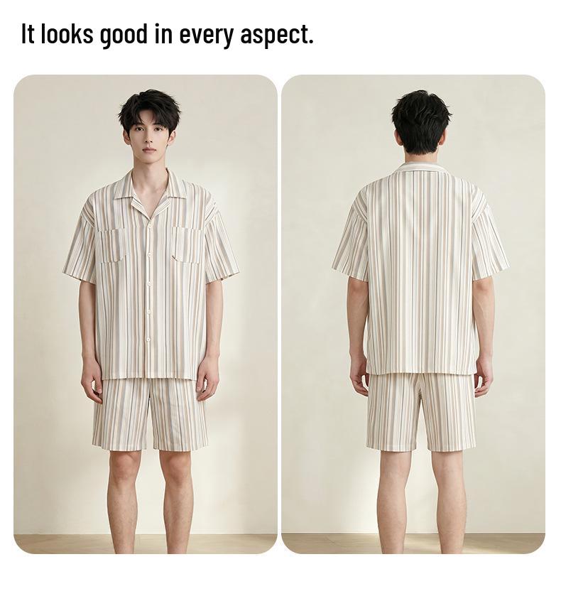 2026 Men's High-End Striped Pajama Set - Short Sleeve Lapel Style