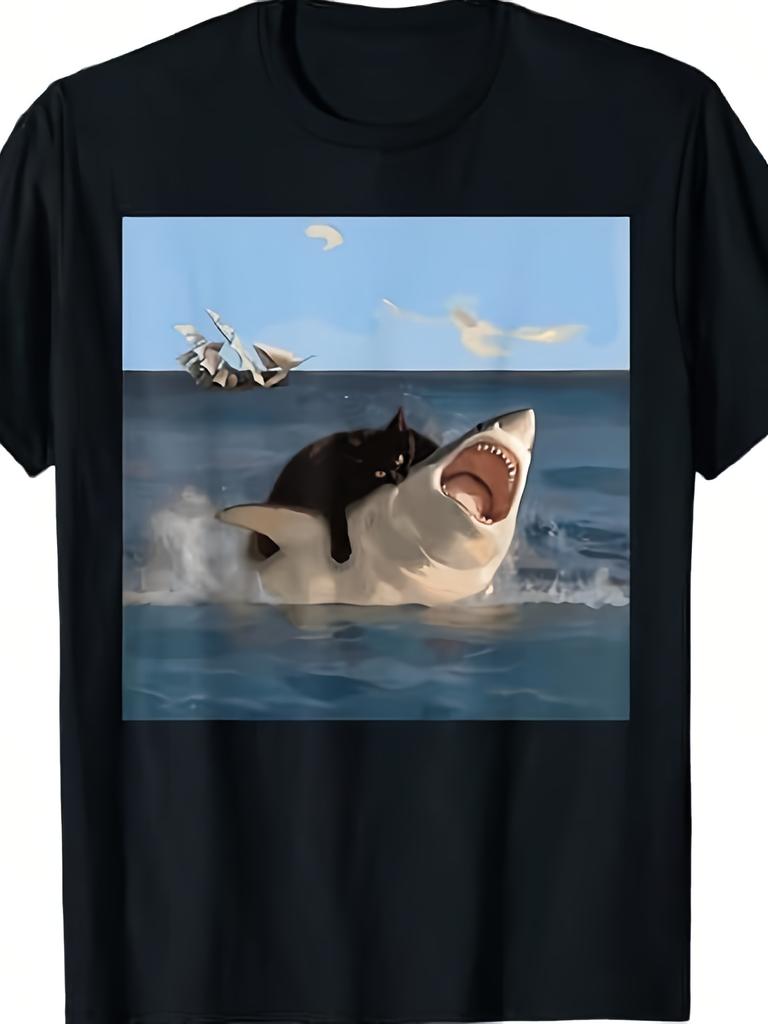 Lustiges Herren-Grafik-T-Shirt: Katze gegen Hai - Humorvolles Haiangriff-T-Shirt, Schwarzes Rundhals-Shirt für Katzenliebhaber, Leichtes Alltags-Freizeit-Shirt & Lustiges Gi