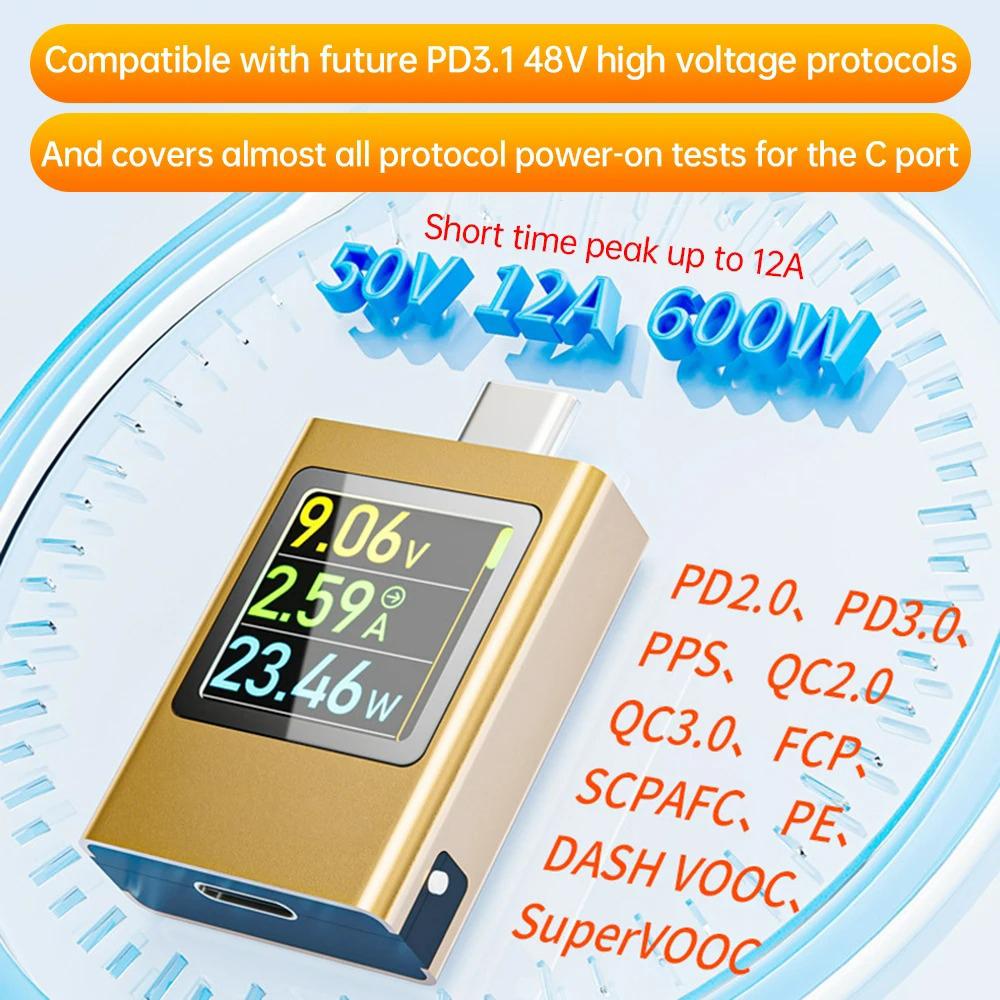 Type-C USB Power Meter Tester Amp Volt Voltmeter Ammeter Detector DC 4.5-50V 0-12A PD 3.1 3.0 QC 2.0 3.0 Fast Charging Protocol