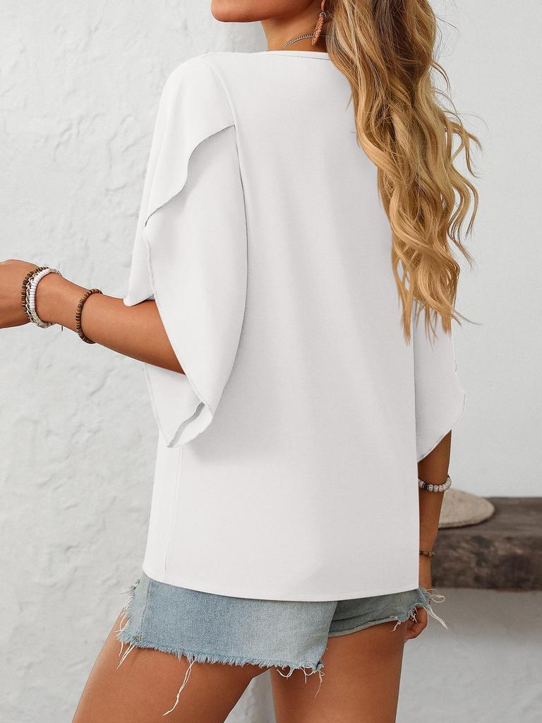 2025 Sommer Neue Damen Casual Schräg V-Ausschnitt Chiffon Puffärmel Elegante Bluse