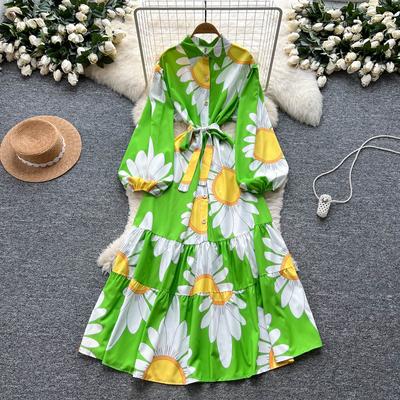 Chic Vintage Sexy Buttonn Ruched  Print Slim Elegant Fairy Summer  Korean Fashion Boho Sundress Women Clothing Long Dress