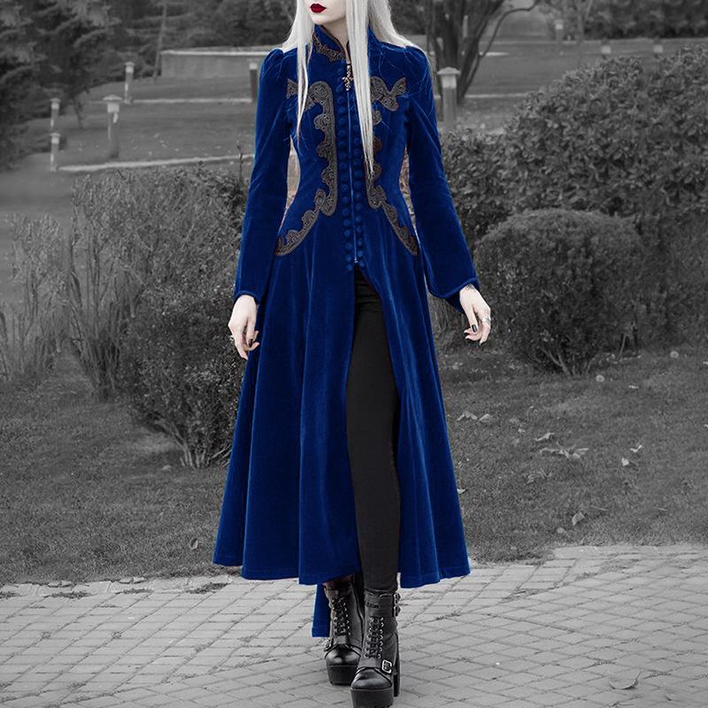 

Autumn Winter Trench Coat Outerwear Medieval Cosplay Costume Women Fashion Long Sleeve Velvet Tailcoat Jacket Vintage Gothic Long Dress Coat S