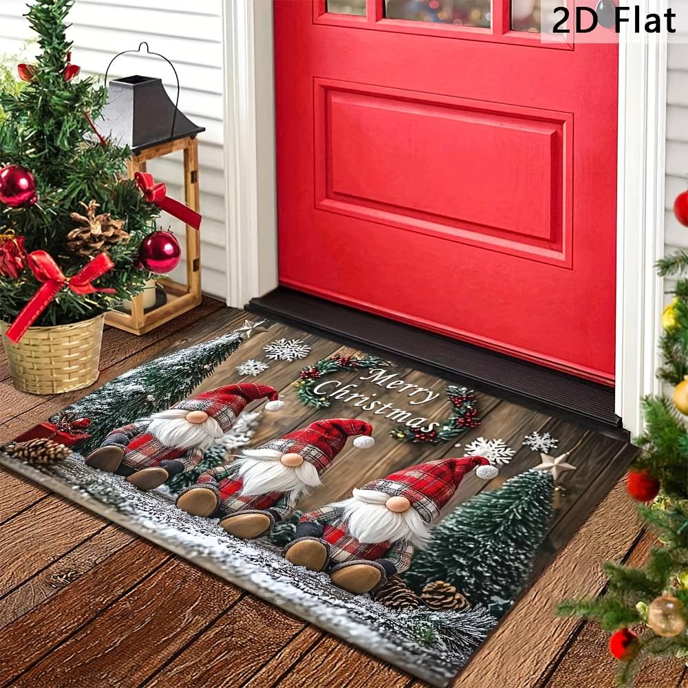 Christmas Gnome Tree Welcome Mat, Wooden Design Non-Slip Rug, Washable Polyester Door Mat for Entrance,Living Room, Holiday Gift