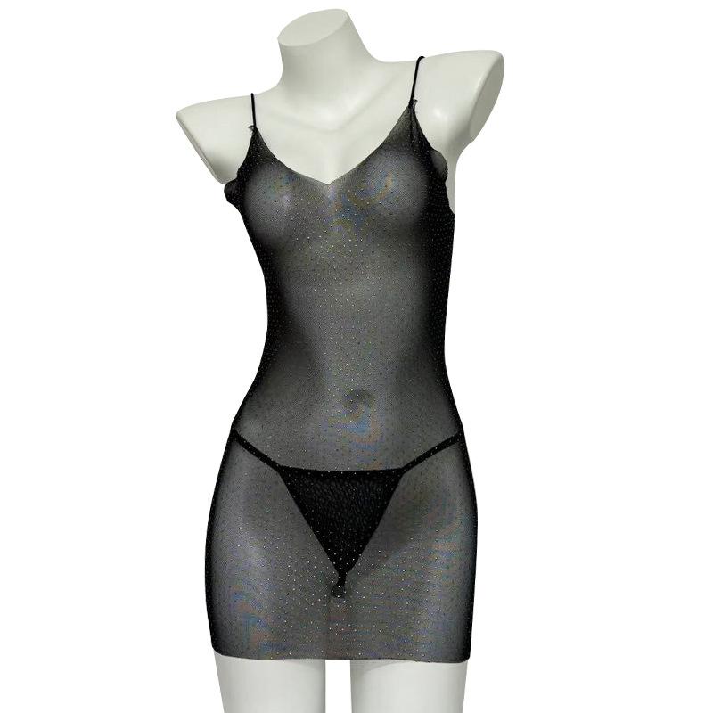 Sex Underwear, Sexy V-neck Low-cut Suspender Skirt, Perspective Light and Transparent, Full Hot Diamond Suspender Dress, Temptation Hip Skirt