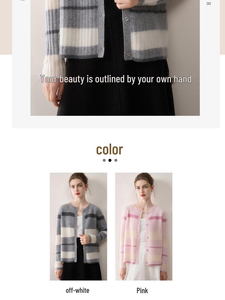 Women's 100% Pure Cashmere Color Block Stripe Cardigan - Round Neck, Single-Breasted, Soft & Fashionable Knit Top