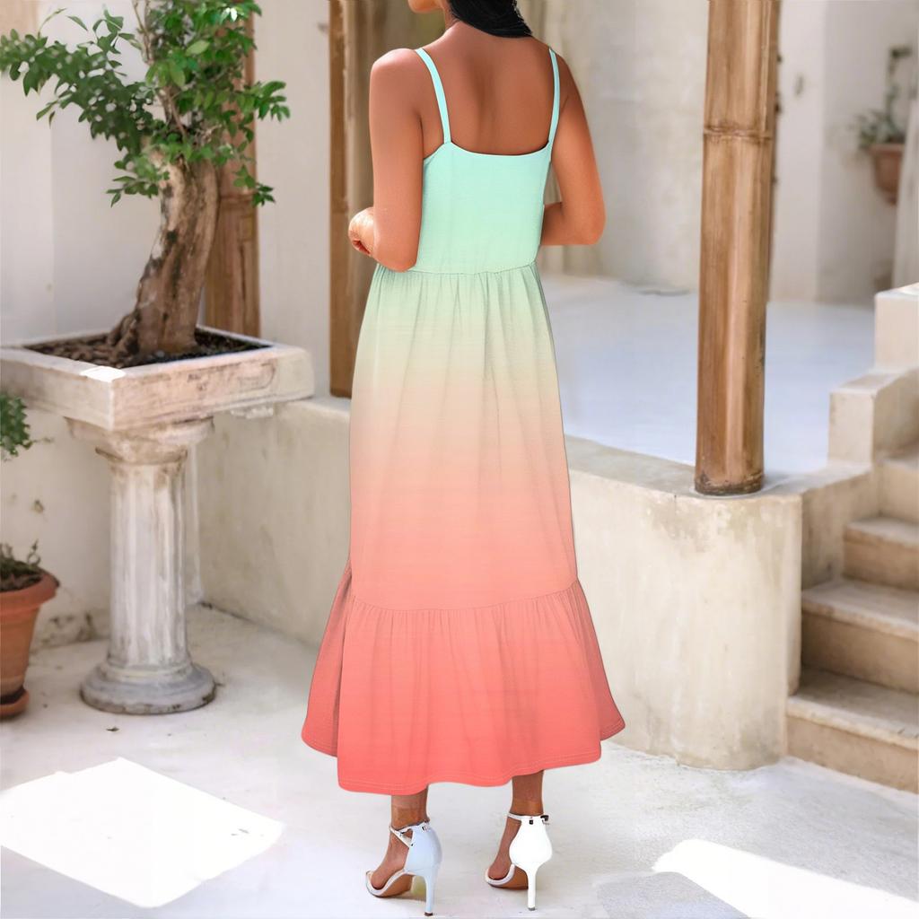 Women's Long Beach Casual Elegant Spaghetti Strap Maxi Dress Gradient Color Low-key Flowing Bohemian Dress