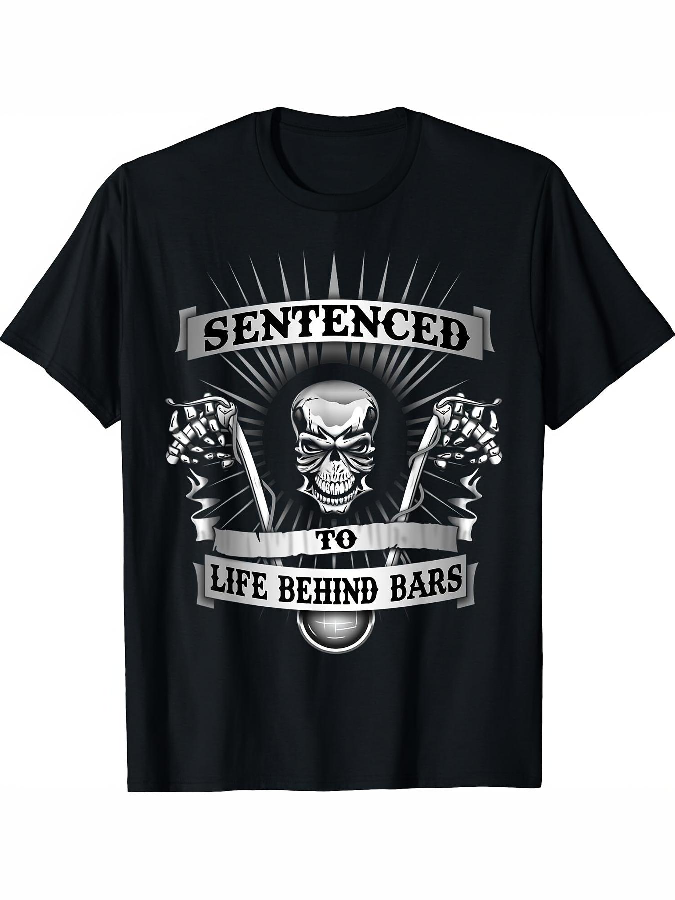 

Life behind bars motorcycle skeleton hanger motorcycle printed Tshirt summer cotton shortsleeved casual Tshirt male 4XL
