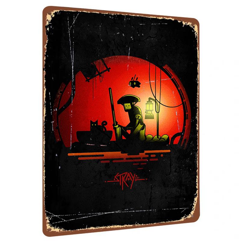 

Stray Game Art Metal Wall Decor Red Moon Robot Cat Lantern Poster for Living Room Bedroom 20x30cm（7.8x11.8inch）