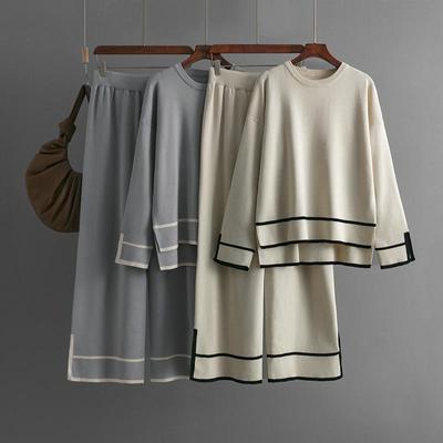 Fall Winter Lazy Wind Loose High Collar Pulllover Sweater Suit Women's Solid Color Long Sleeve Knit Wide Leg Pants Two Piece Set