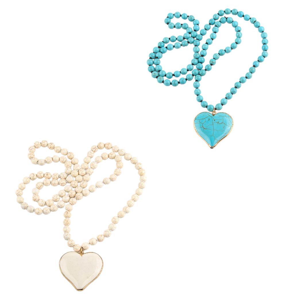 Women's Vintage Turquoise Beaded Necklace Heart Pendant Ethnic Style Neckchain Bohemian Long Sweater Chain Jewelry