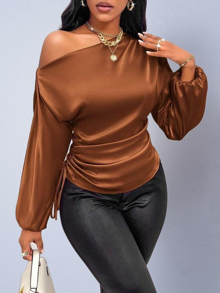 Asymmetrical Satin Blouse with Slanted Collar - Women's Spring/Autumn Collection