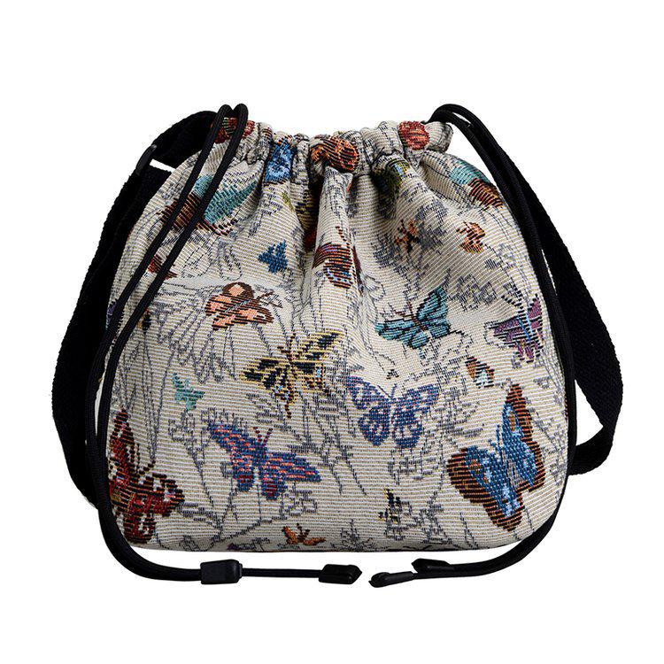 

2025 Летняя сумка-ведро с кулиской большой вместимости с вышивкой бабочек - Женская наплечная сумка в национальном стиле 20cm x 9cm x 22cm