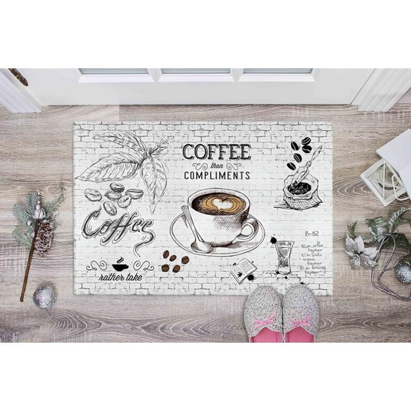 Artistic Sketch Print Coffee Mat Minimalist Line Art Kitchen Rug with Coffee Cup Design Elegant and Simple Non-Slip Floor Decor