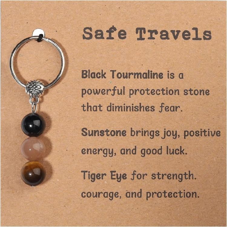 Natural Crystal Stone Keychain Green Chrysoprase Pink Moonstone Rose Quartz Beaded Healing Jewelry For Emotional Balance Gift