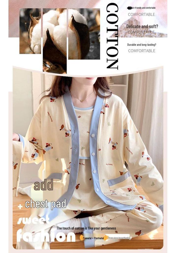 Spring & Autumn Maternity Pajama Set: Breathable Three-Piece for Delivery & Breastfeeding with Absorbent Breast Pads