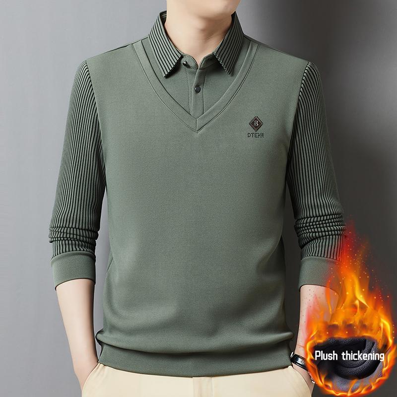 Advanced Luxury Shirt Collar Plush Thick Sweater Men'S Autumn Fashion Brand Embroidery Fake Two-Piece Set Long Sleeved T-Shirt