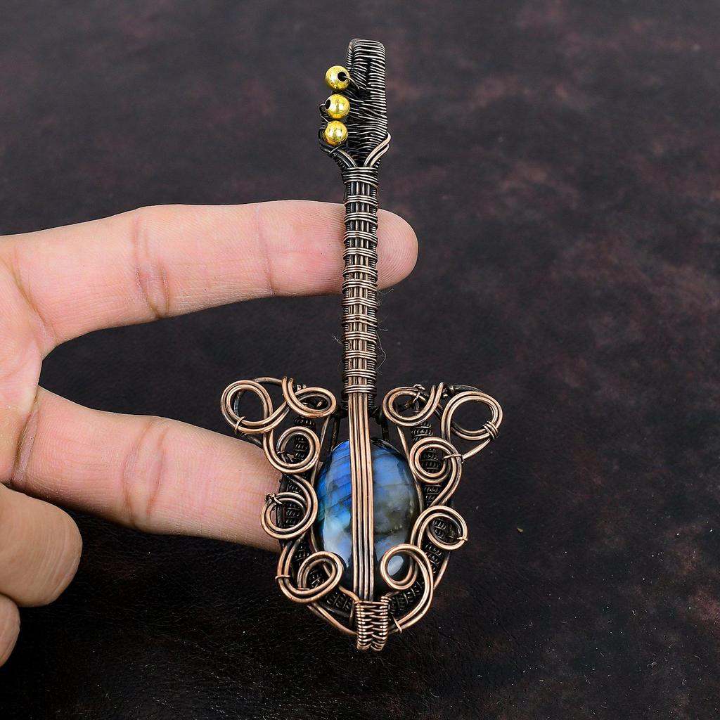 Pandantiv Labradorit Pandantiv Înfășurat în Sârmă de Cupru Pandantiv Făcut Manual Bijuterii Minunate cu Piatră Prețioasă Pandantiv Chitară Bijuterii din Sârmă de Cupru Cadou de Logodnă