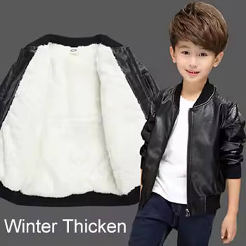 Boys Coats Autumn Winter Fashion Korean Children's Plus Velvet Warming Cotton PU Leather Jacket For 1-11Y Kids