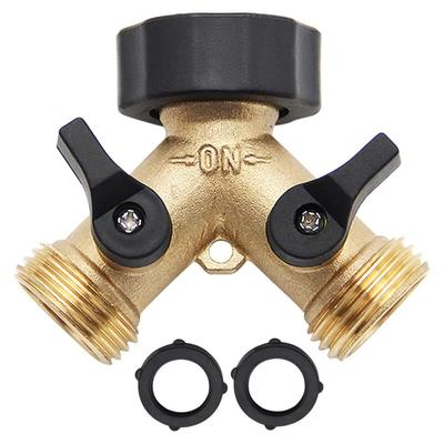 2-way Y-type Hose Splitter Garden Hose Distributor Brass Hose Tap Adapter with 2 Valves KTY