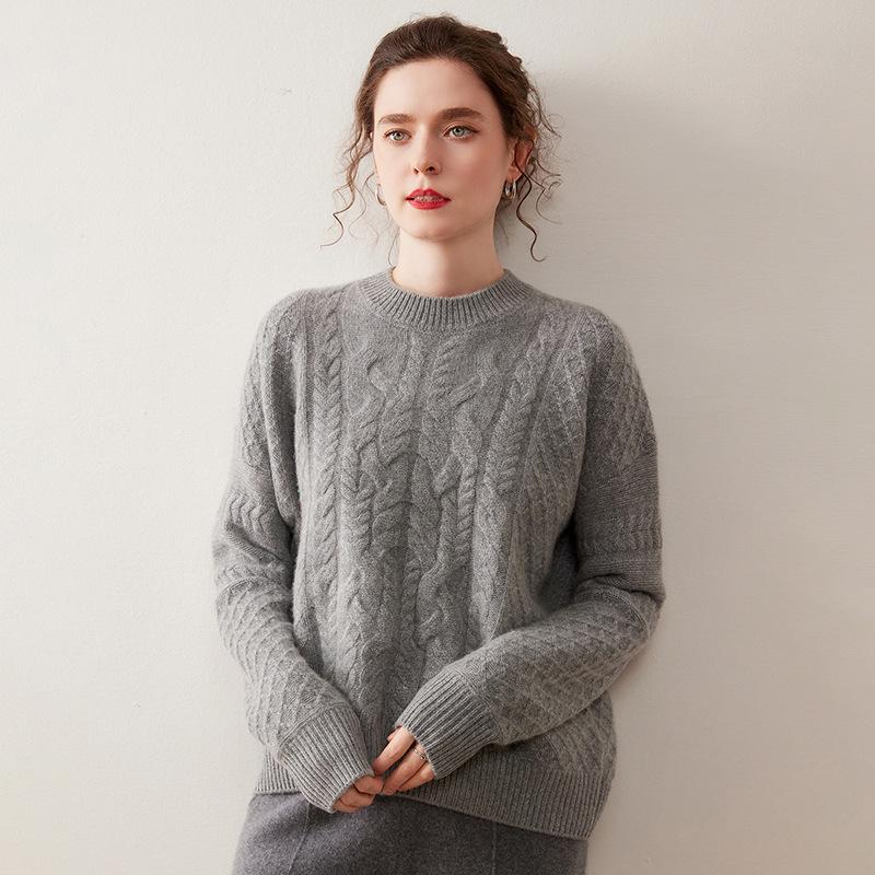 Women's Super Thick Cashmere Sweater: Round Neck, Soft, Fluffy, Loose Fit, Versatile Cable Knit for Autumn/Winter.