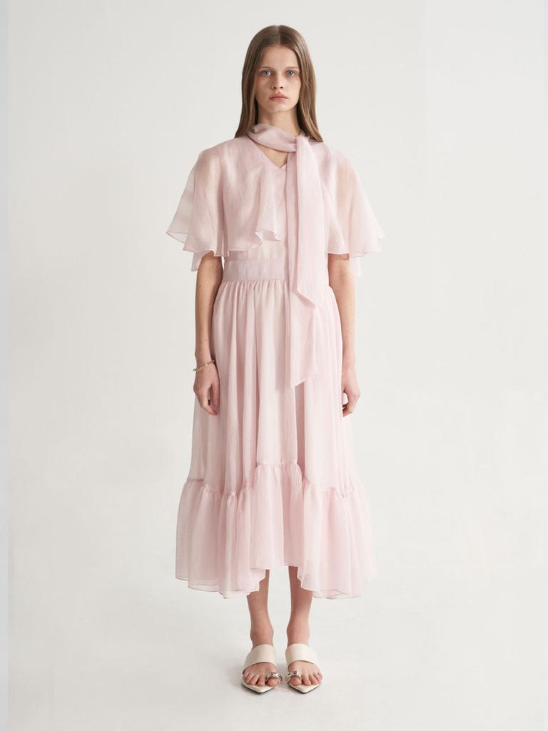 Kaie Structural Cape V-Neck Long Dress_Pink