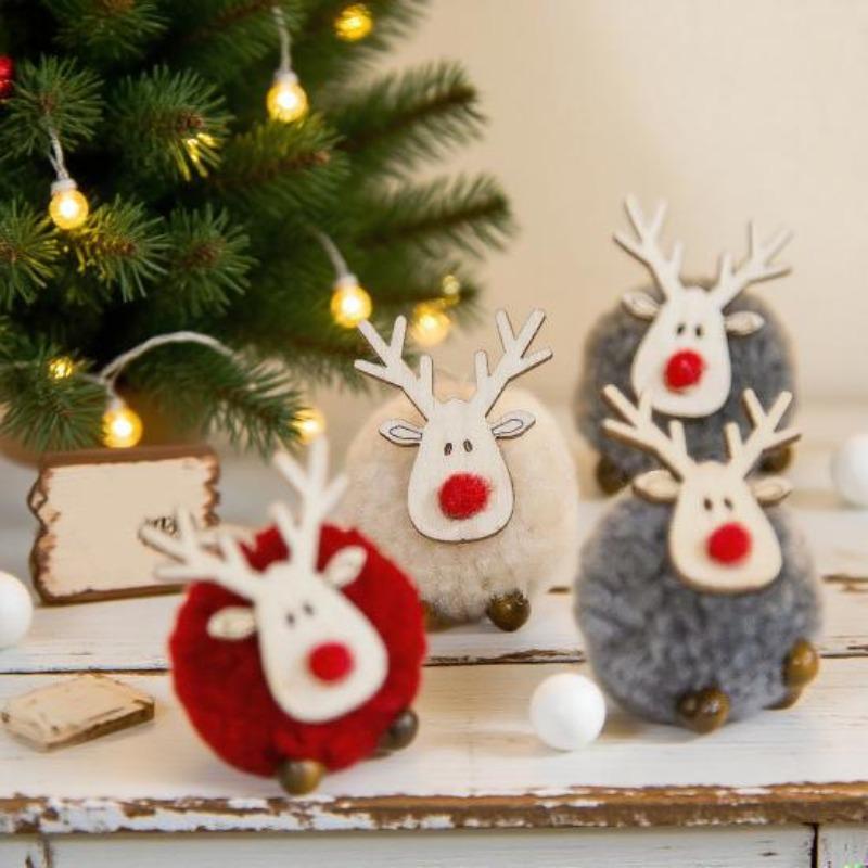 Pom Pom Reindeer Christmas Ornament Plush Elk Hanging Ornaments Wooden Deer Slices Xmas Tree Pendants for Home Party Holiday Decor