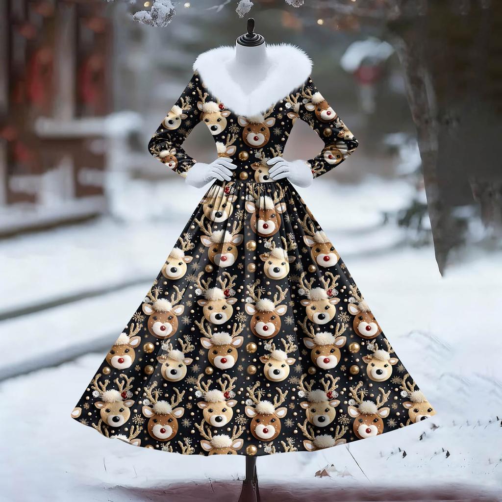 Women's Casual Dress Long-Sleeve V-Neck Patchwork Fleece Christmas Print Dress