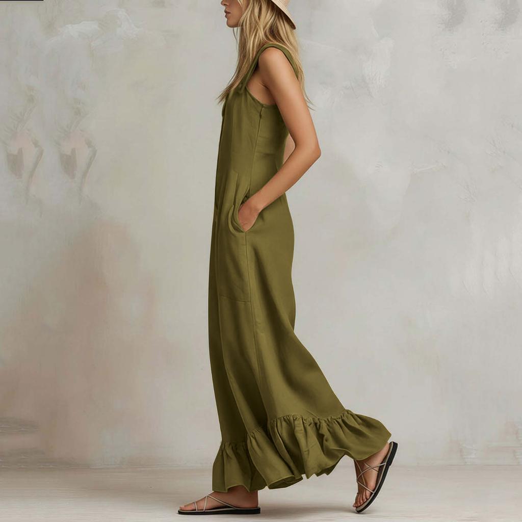 Damen Casual Einfarbiger Jumpsuit Quadratischer Ausschnitt Ärmellos Weiter Bein Rüschensaum Leicht Lockerer Romper