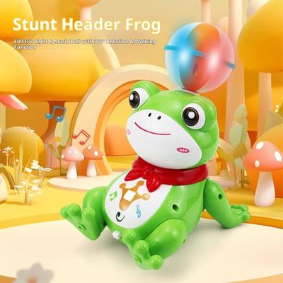Electric Walking Frog Toy with Music Light Rotatable Heading Ball Stunt Frog Toy Toddlers Boys Girls Tummy Time Interactive Crawling Animal Toy