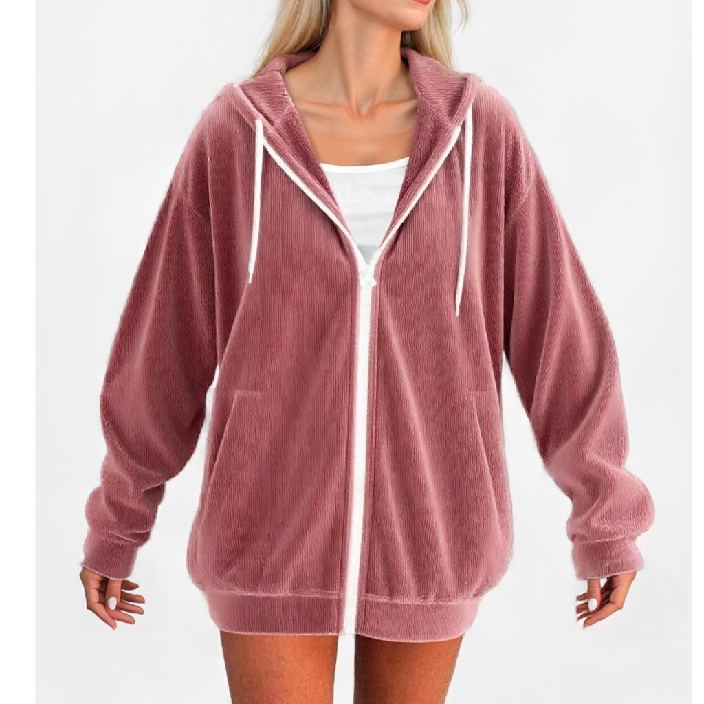 Dámská módní ležérní mikina volný kardigan na zip s dlouhým rukávem a kapucí