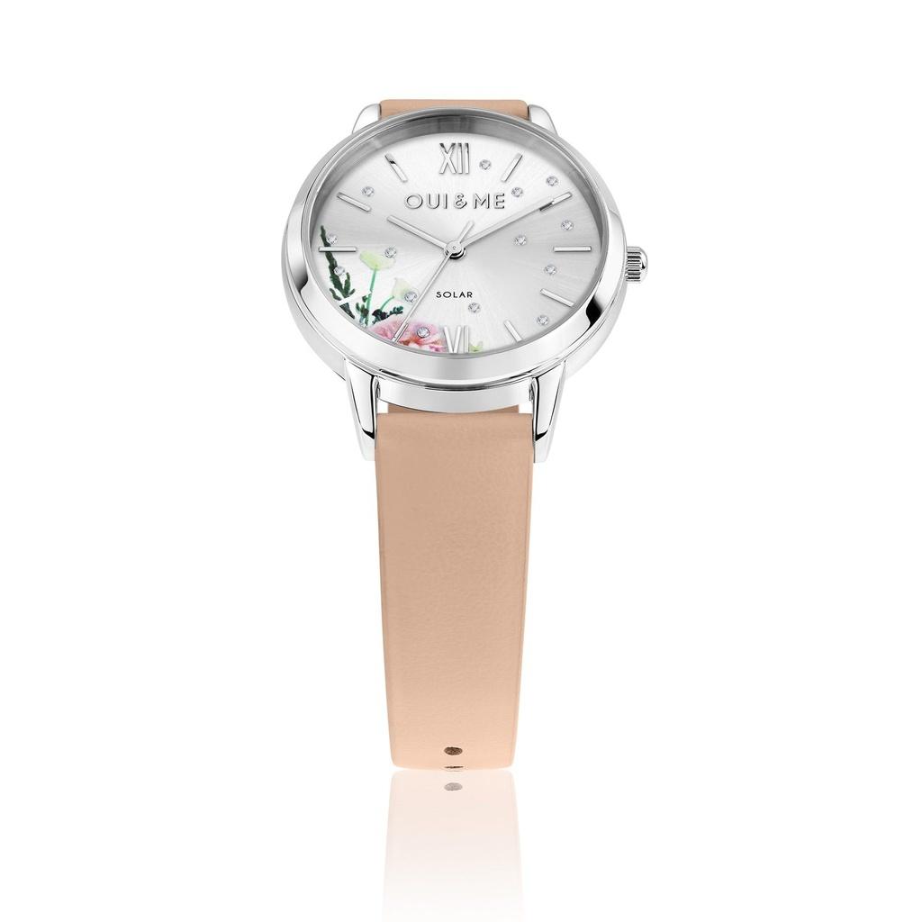 Oui & Me Fleurette Pink Leather Strap Silver Dial Solar ME010373 Women's Watch With Extra Bracelet