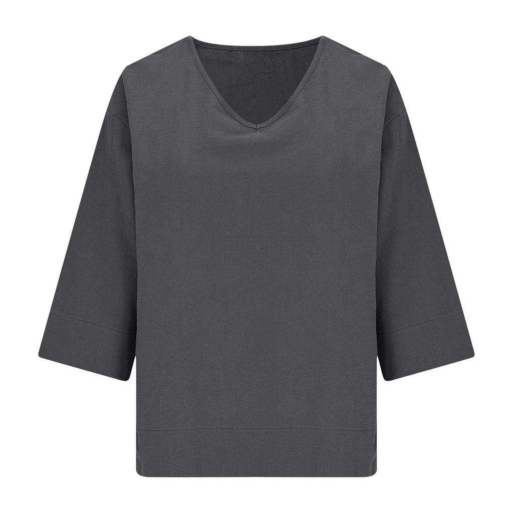 Ladies' Casual Fashion Solid Color V-neck Loose Slit Casual Solid Color Cotton And Linen Top