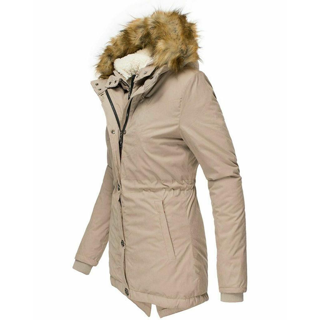 Giacca Invernale Calda da Donna con Collo in Pelliccia, Cerniera, Maniche Lunghe, Vestibilità Slim, con Cappuccio
