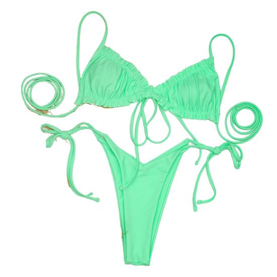 2 Pcs/Set Bikini Set Solid Color Pleated All Match Soft Bathing Suit