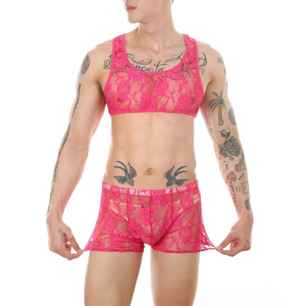 Heren Sexy Sissy Lingerieset Gay Kant Boxer Briefs Bikini Ondergoed BH Top Shorts 2Stuks Gays Sexy Outfits Vest Tops+Boxers