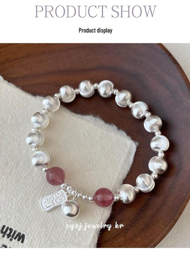 Strawberry Crystal Cat's Eye Bead Silver Bracelet - Korean Style Women's Fortune Charm.