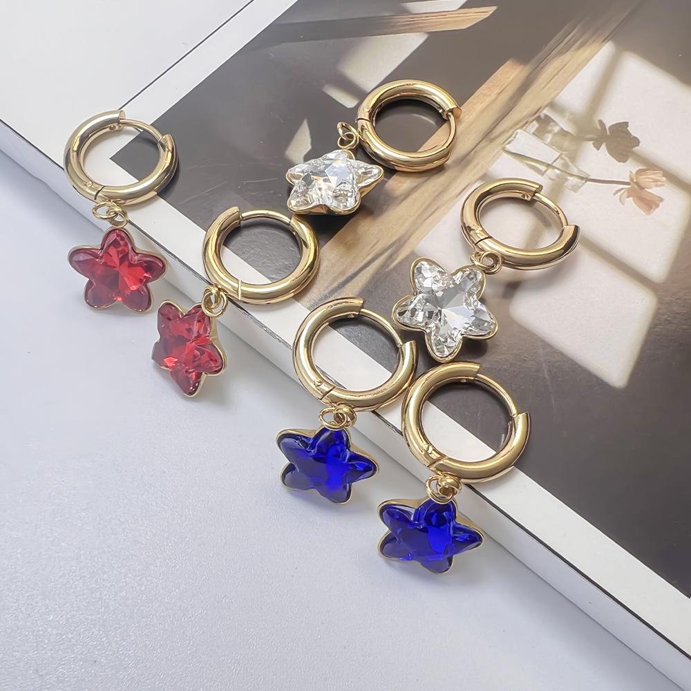 Colorful Glass Diamond Star Earrings: 18K Gold-Plated Stainless Steel, European & American Style