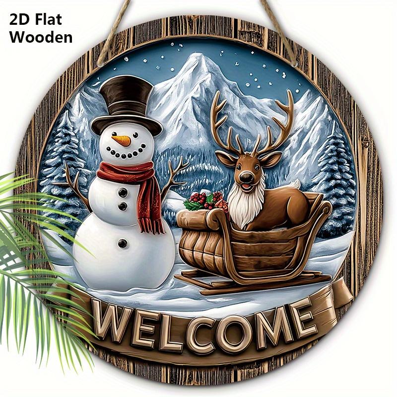

Рождественская деревянная приветственная табличка с узором снеговика и лося - круглая табличка Navidad для входной двери, настенный декор - идеальное рождественское украшение 20cm/7.87in коричневый
